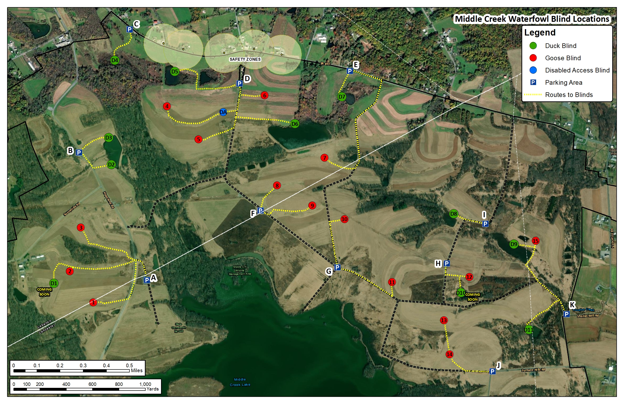 Middle Creek Waterfowl Blind Locations